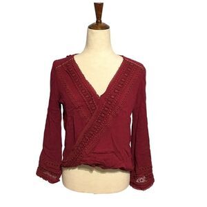 Miss Me Red Crochet Lace Wrap V-Neck Bell Sleeve Top